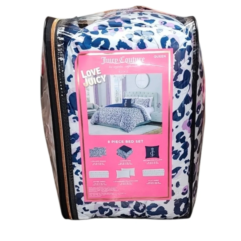 Juicy Couture 8 Piece Queen Comforter Bed Set Leopard Print White & Blue - New